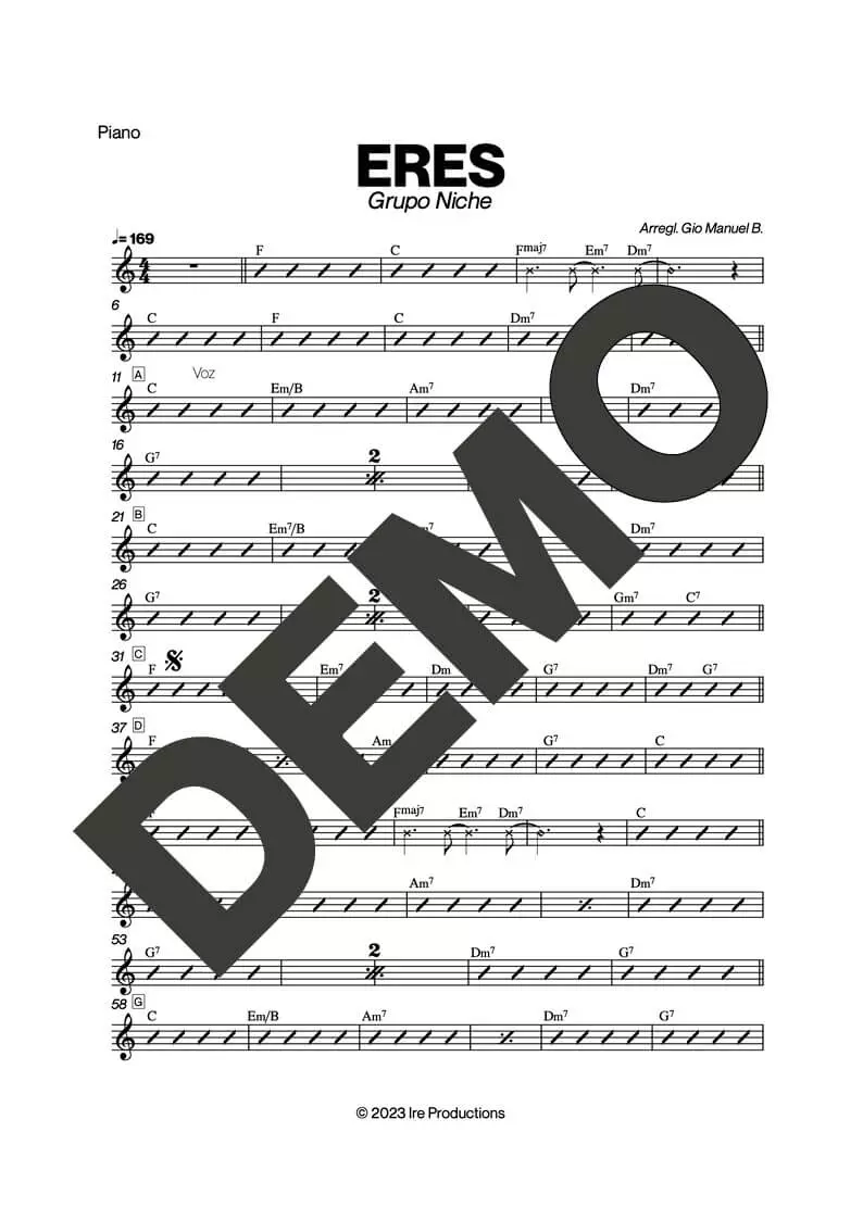 Grupo Niche – Eres – Sheet Music Demo Page 2 (PDF) – Includes charts for Trumpets, Trombones, Saxophone, Piano and Bass