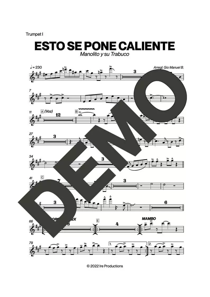 Manolito y su Trabuco – Esto Se Pone Caliente – First Page of Sheet Music Preview (PDF) – Includes charts for Trumpets, Trombones, Saxophone, Piano and Bass