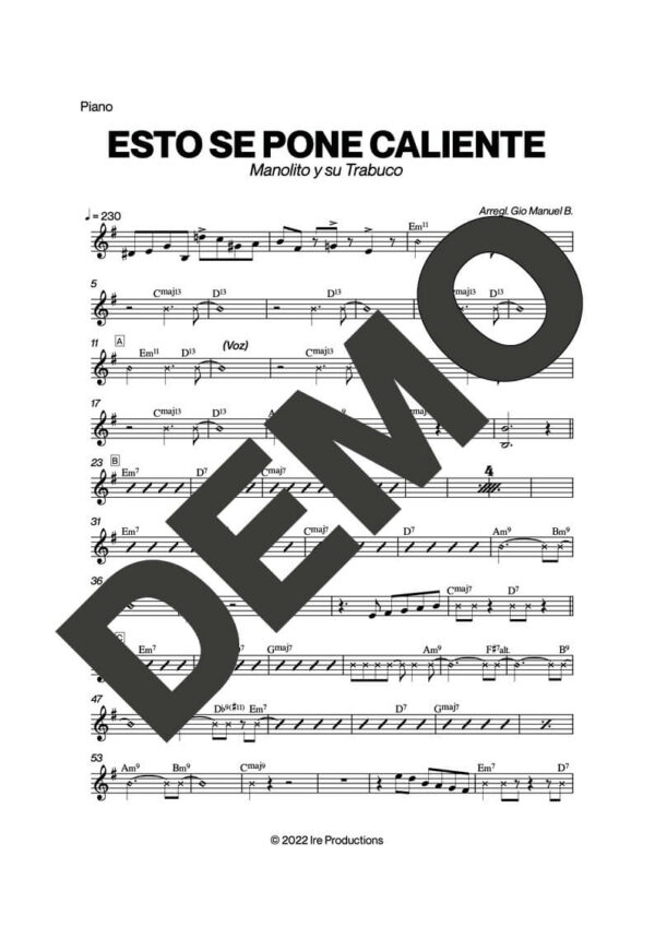 Manolito y su Trabuco – Esto Se Pone Caliente – Sheet Music Demo Page 2 (PDF) – Includes charts for Trumpets, Trombones, Saxophone, Piano and Bass