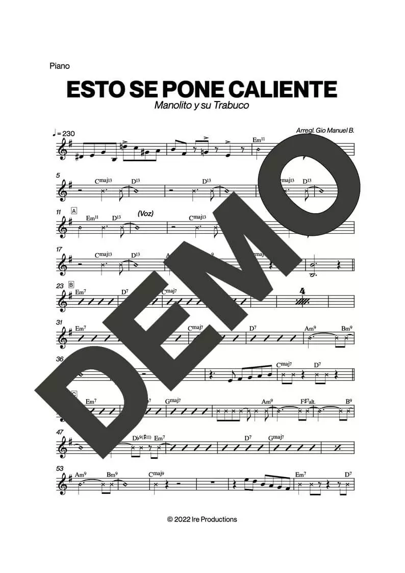 Manolito y su Trabuco – Esto Se Pone Caliente – Sheet Music Demo Page 2 (PDF) – Includes charts for Trumpets, Trombones, Saxophone, Piano and Bass