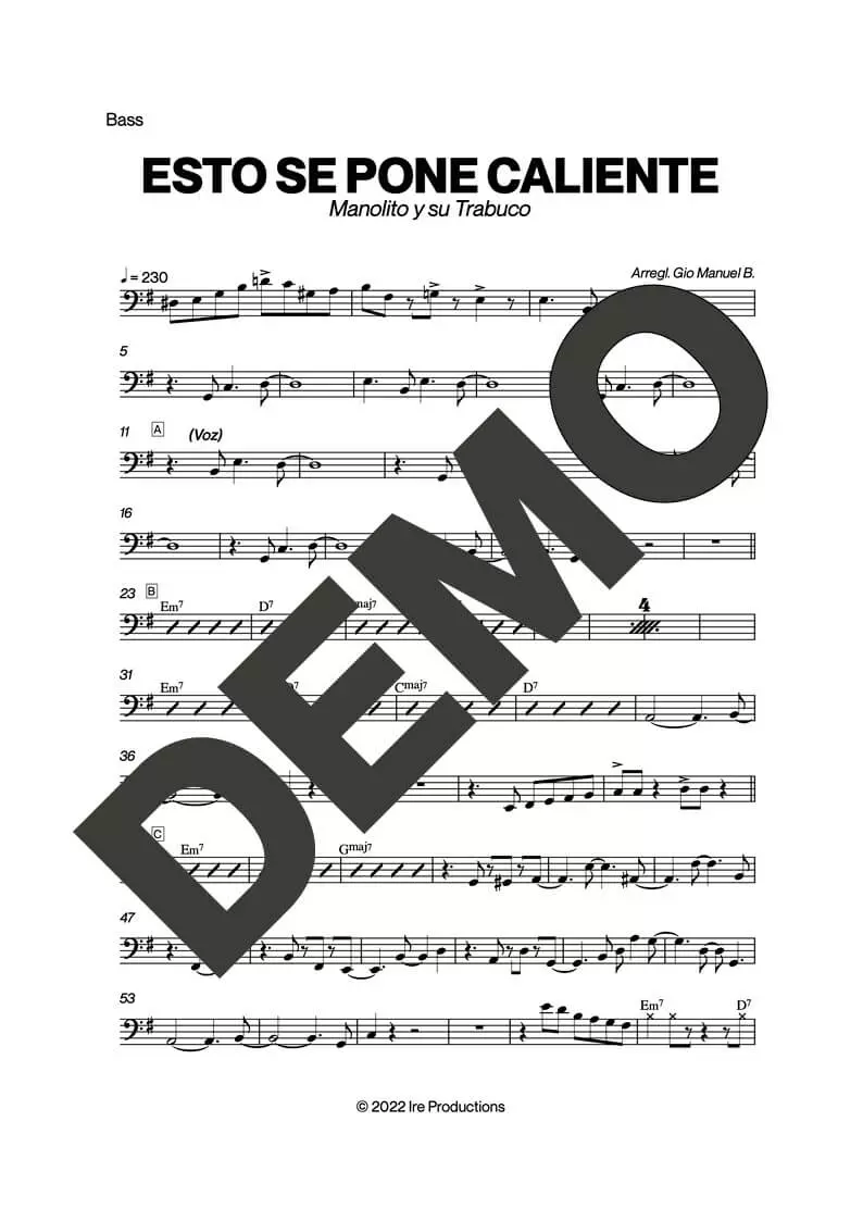 Manolito y su Trabuco – Esto Se Pone Caliente – Sheet Music Demo Page 4 (PDF) – Includes charts for Trumpets, Trombones, Saxophone, Piano and Bass