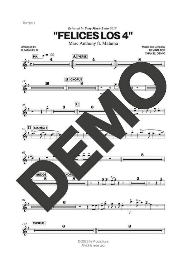 Marc Anthony – Felices Los 4 (feat. Maluma) – First Page of Sheet Music Preview (PDF) – Includes charts for Trumpets, Trombones, Saxophone, Piano and Bass