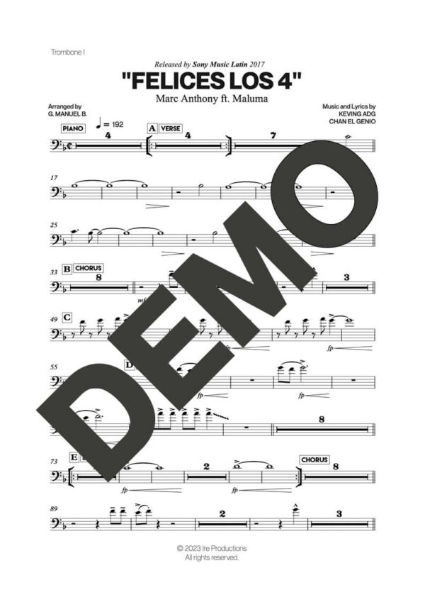 Marc Anthony – Felices Los 4 (feat. Maluma) – Sheet Music Demo Page 1 (PDF) – Includes charts for Trumpets, Trombones, Saxophone, Piano and Bass