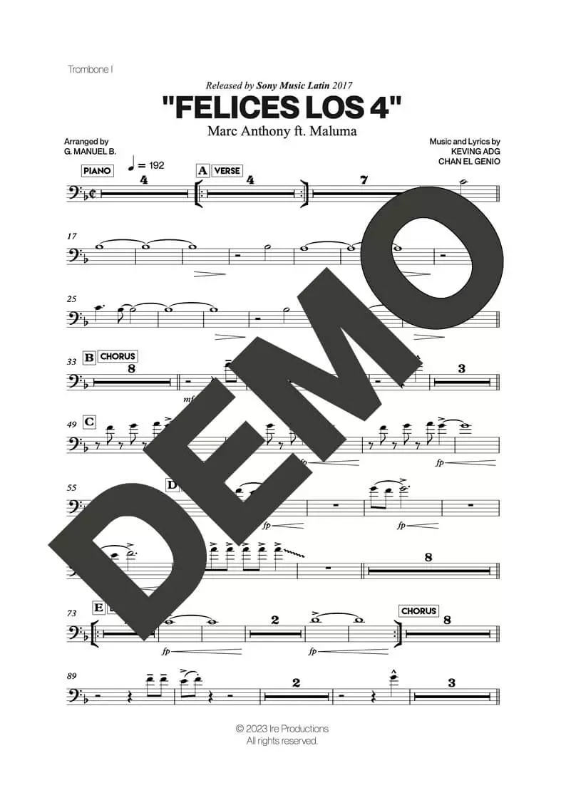 Marc Anthony – Felices Los 4 (feat. Maluma) – Sheet Music Demo Page 1 (PDF) – Includes charts for Trumpets, Trombones, Saxophone, Piano and Bass