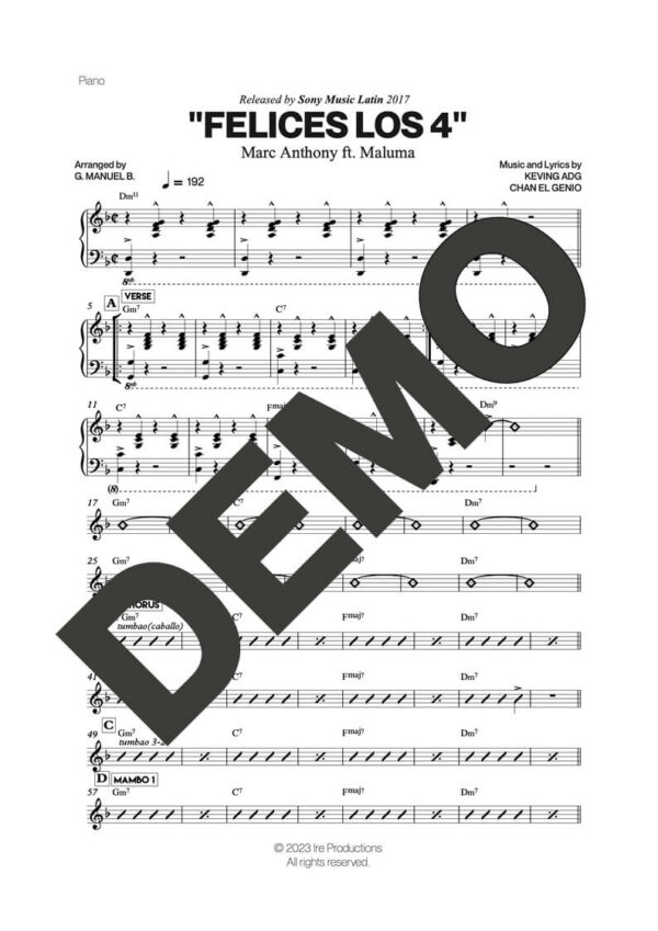 Marc Anthony – Felices Los 4 (feat. Maluma) – Sheet Music Demo Page 2 (PDF) – Includes charts for Trumpets, Trombones, Saxophone, Piano and Bass
