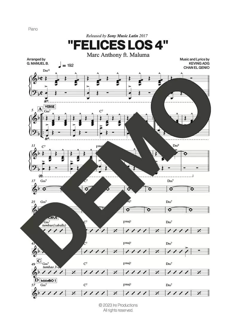Marc Anthony – Felices Los 4 (feat. Maluma) – Sheet Music Demo Page 2 (PDF) – Includes charts for Trumpets, Trombones, Saxophone, Piano and Bass