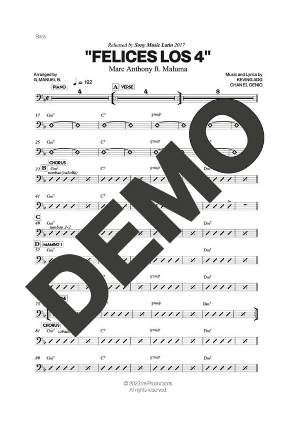Marc Anthony – Felices Los 4 (feat. Maluma) – Sheet Music Demo Page 3 (PDF) – Includes charts for Trumpets, Trombones, Saxophone, Piano and Bass