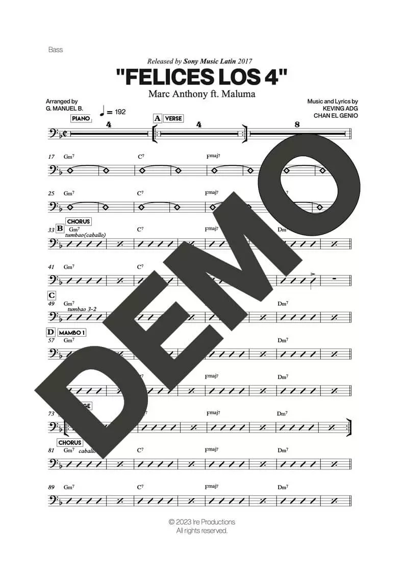 Marc Anthony – Felices Los 4 (feat. Maluma) – Sheet Music Demo Page 3 (PDF) – Includes charts for Trumpets, Trombones, Saxophone, Piano and Bass
