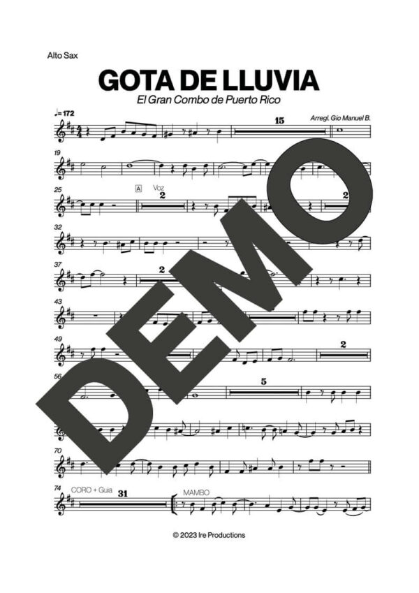 El Gran Combo de Puerto Rico – Gota de Lluvia – First Page of Sheet Music Preview (PDF) – Includes charts for Trumpets, Trombones, Saxophone, Piano and Bass