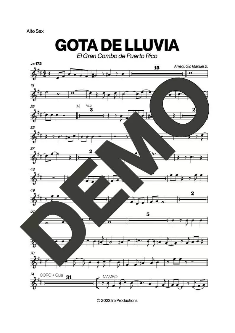 El Gran Combo de Puerto Rico – Gota de Lluvia – First Page of Sheet Music Preview (PDF) – Includes charts for Trumpets, Trombones, Saxophone, Piano and Bass