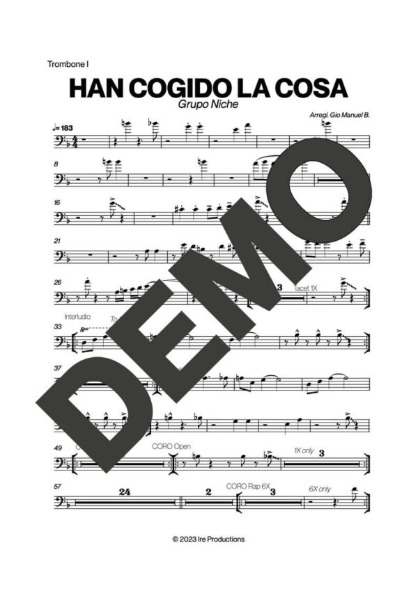 Grupo Niche – Han Cogido La Cosa – Sheet Music Demo Page 1 (PDF) – Includes charts for Trumpets, Trombones, Saxophone, Piano and Bass