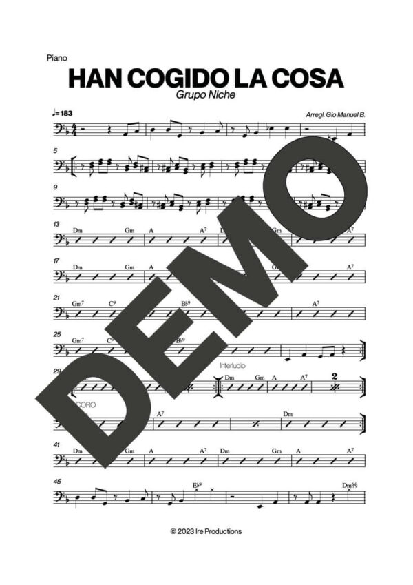 Grupo Niche – Han Cogido La Cosa – Sheet Music Demo Page 2 (PDF) – Includes charts for Trumpets, Trombones, Saxophone, Piano and Bass