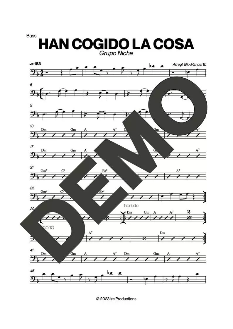 Grupo Niche – Han Cogido La Cosa – Sheet Music Demo Page 3 (PDF) – Includes charts for Trumpets, Trombones, Saxophone, Piano and Bass