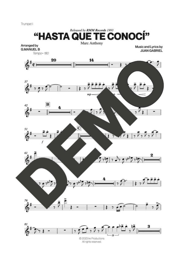 Marc Anthony – Hasta Que Te Conocí – First Page of Sheet Music Preview (PDF) – Includes charts for Trumpets, Trombones, Saxophone, Piano and Bass