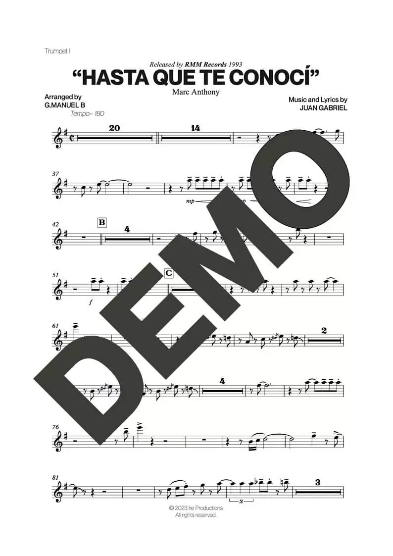 Marc Anthony – Hasta Que Te Conocí – First Page of Sheet Music Preview (PDF) – Includes charts for Trumpets, Trombones, Saxophone, Piano and Bass