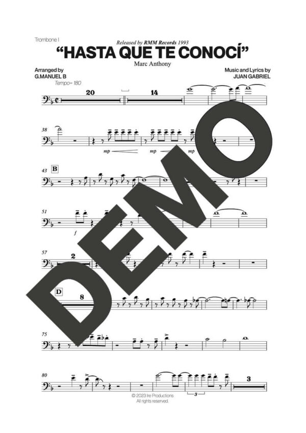 Marc Anthony – Hasta Que Te Conocí – Sheet Music Demo Page 1 (PDF) – Includes charts for Trumpets, Trombones, Saxophone, Piano and Bass