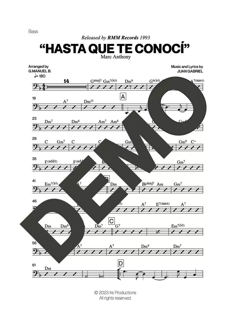 Marc Anthony – Hasta Que Te Conocí – Sheet Music Demo Page 3 (PDF) – Includes charts for Trumpets, Trombones, Saxophone, Piano and Bass