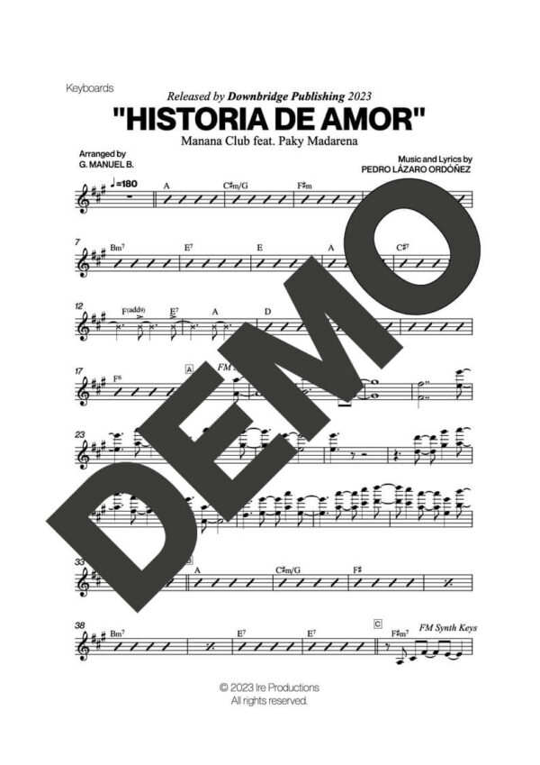 Manana Club – Historia de Amor – Sheet Music Demo Page 3 (PDF) – Includes charts for Trumpets, Trombones, Saxophone, Piano and Bass