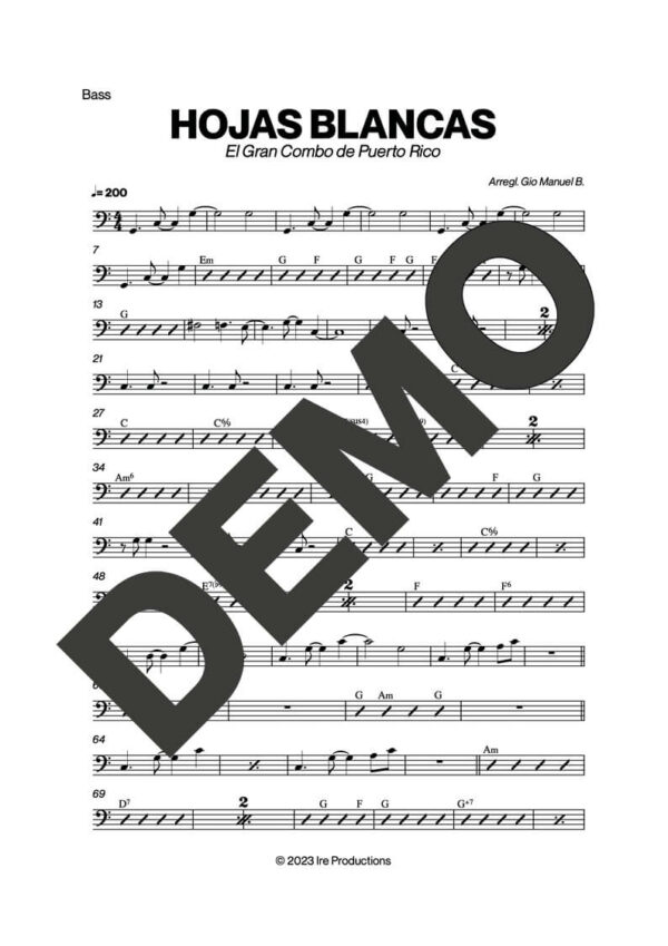 El Gran Combo de Puerto Rico – Las Hojas Blancas – Sheet Music Demo Page 4 (PDF) – Includes charts for Trumpets, Trombones, Saxophone, Piano and Bass