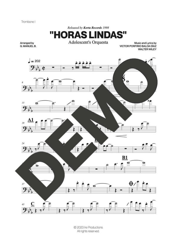 Adolescent’s Orquesta – Horas Lindas – First Page of Sheet Music Preview (PDF) – Includes charts for Trumpets, Trombones, Saxophone, Piano and Bass