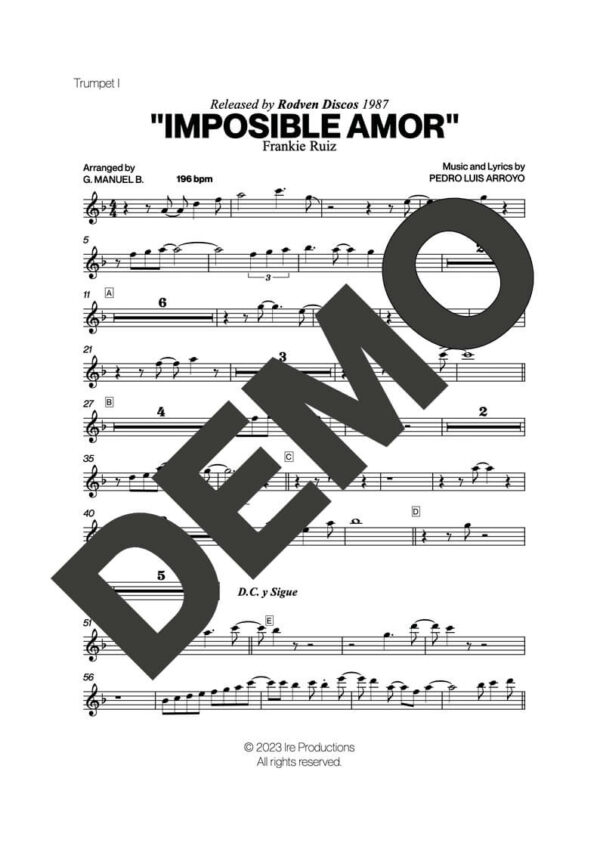 Frankie Ruiz – Imposible Amor – First Page of Sheet Music Preview (PDF) – Includes charts for Trumpets, Trombones, Saxophone, Piano and Bass