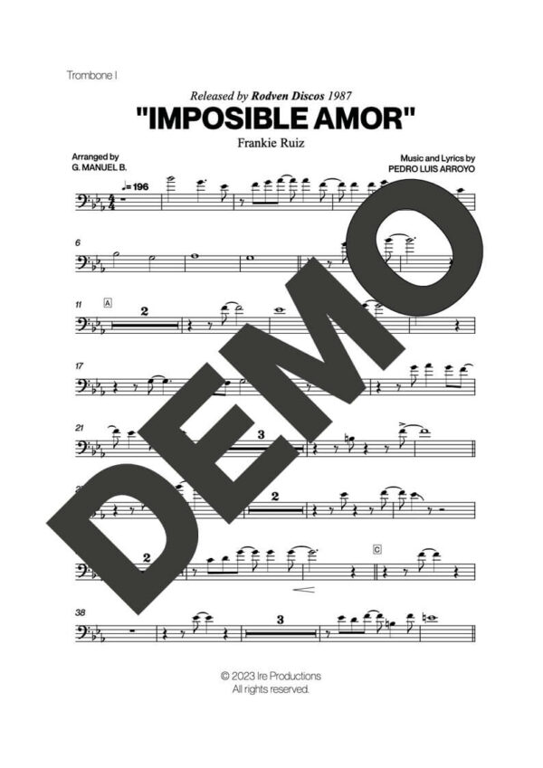 Frankie Ruiz – Imposible Amor – Sheet Music Demo Page 1 (PDF) – Includes charts for Trumpets, Trombones, Saxophone, Piano and Bass