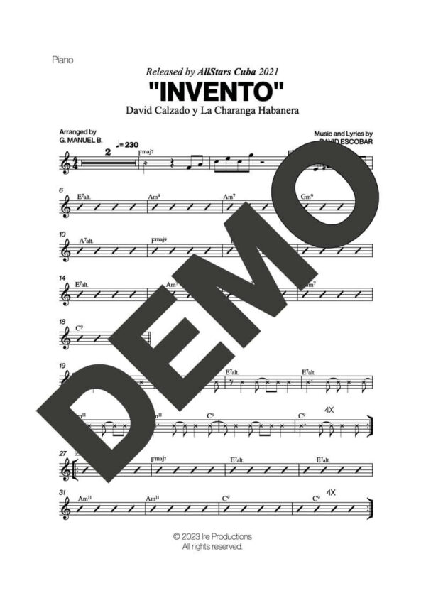 Charanga Habanera – Invento – Sheet Music Demo Page 3 (PDF) – Includes charts for Trumpets, Trombones, Saxophone, Piano and Bass