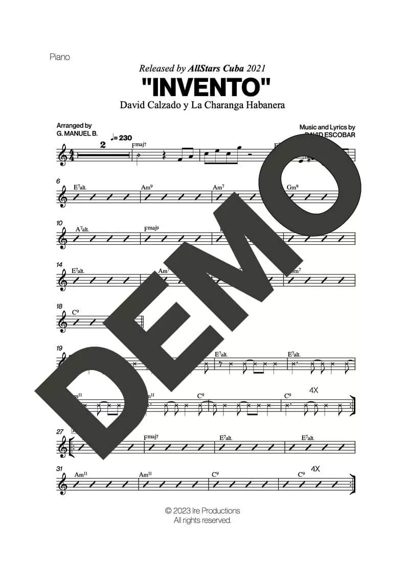 Charanga Habanera – Invento – Sheet Music Demo Page 3 (PDF) – Includes charts for Trumpets, Trombones, Saxophone, Piano and Bass