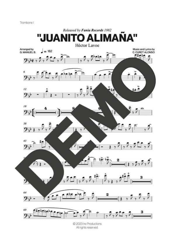 Hector Lavoe|Willie Colón – Juanito Alimaña – First Page of Sheet Music Preview (PDF) – Includes charts for Trumpets, Trombones, Saxophone, Piano and Bass