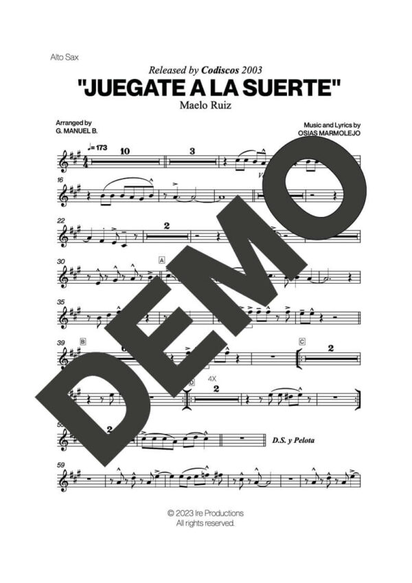 Maelo Ruiz – Juegate a la Suerte – First Page of Sheet Music Preview (PDF) – Includes charts for Trumpets, Trombones, Saxophone, Piano and Bass