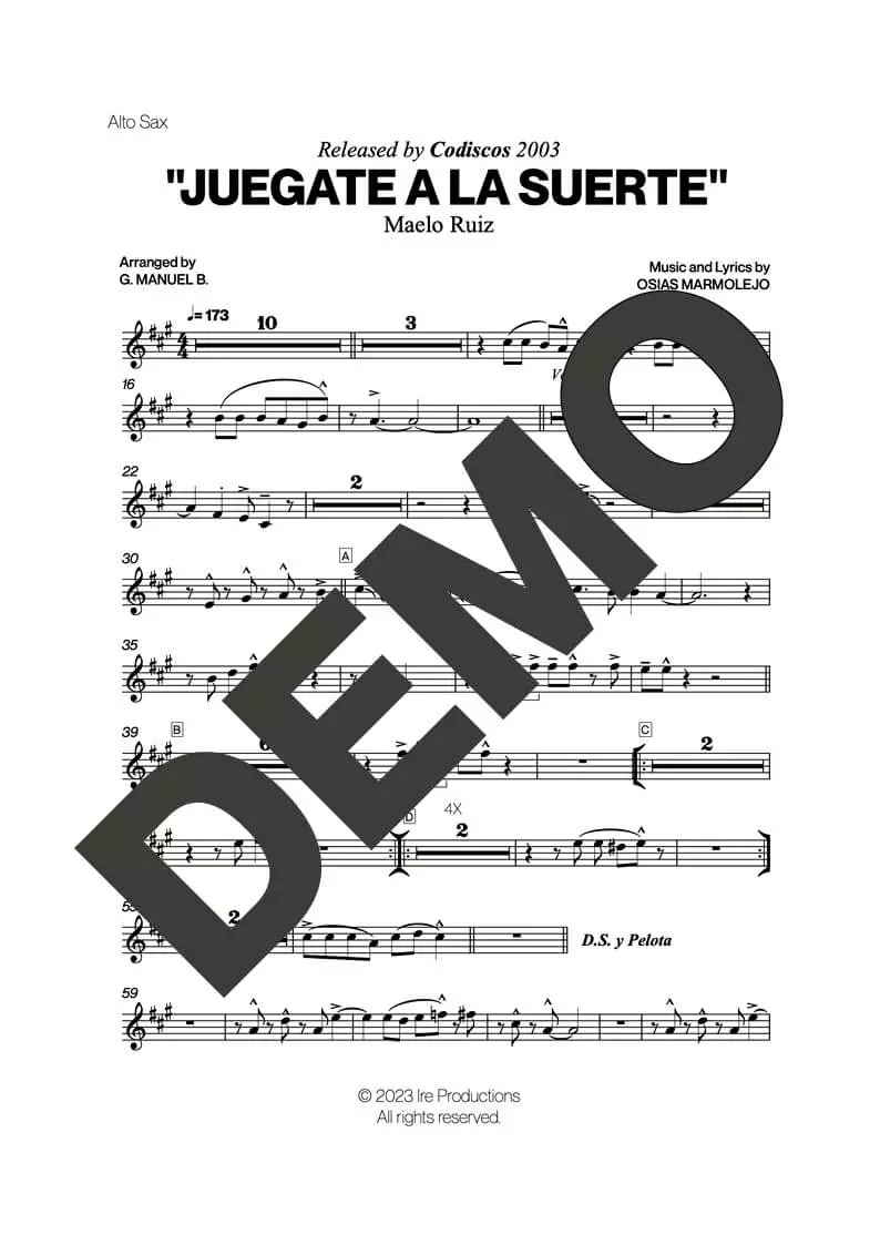 Maelo Ruiz – Juegate a la Suerte – First Page of Sheet Music Preview (PDF) – Includes charts for Trumpets, Trombones, Saxophone, Piano and Bass