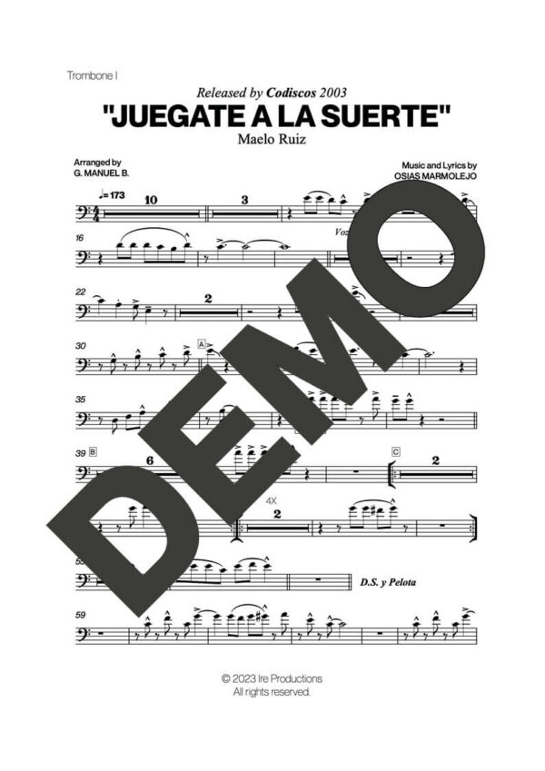 Maelo Ruiz – Juegate a la Suerte – Sheet Music Demo Page 2 (PDF) – Includes charts for Trumpets, Trombones, Saxophone, Piano and Bass