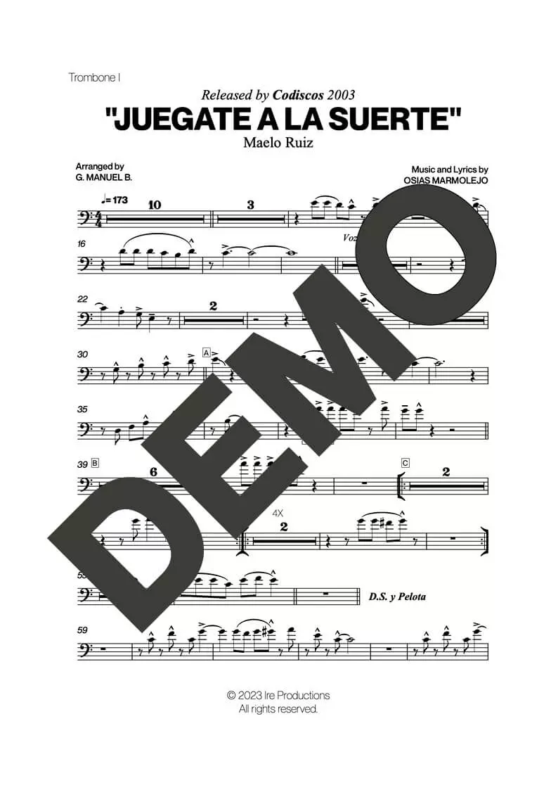 Maelo Ruiz – Juegate a la Suerte – Sheet Music Demo Page 2 (PDF) – Includes charts for Trumpets, Trombones, Saxophone, Piano and Bass