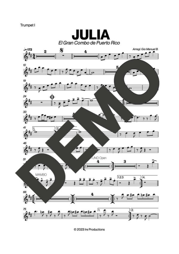 El Gran Combo de Puerto Rico – Julia – First Page of Sheet Music Preview (PDF) – Includes charts for Trumpets, Trombones, Saxophone, Piano and Bass