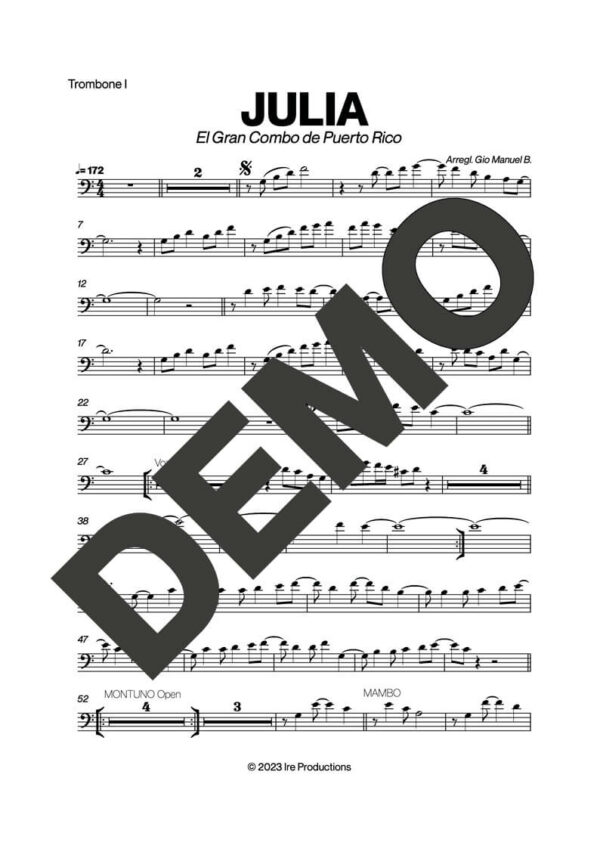 El Gran Combo de Puerto Rico – Julia – Sheet Music Demo Page 1 (PDF) – Includes charts for Trumpets, Trombones, Saxophone, Piano and Bass