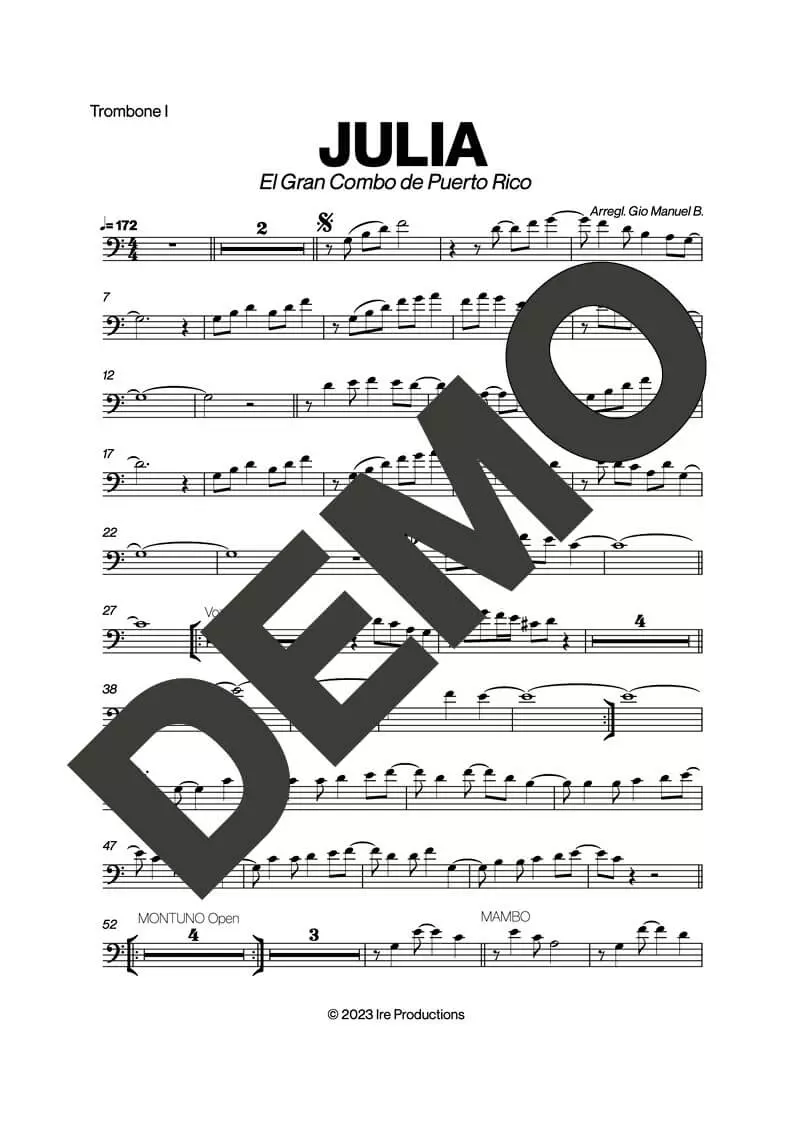 El Gran Combo de Puerto Rico – Julia – Sheet Music Demo Page 1 (PDF) – Includes charts for Trumpets, Trombones, Saxophone, Piano and Bass