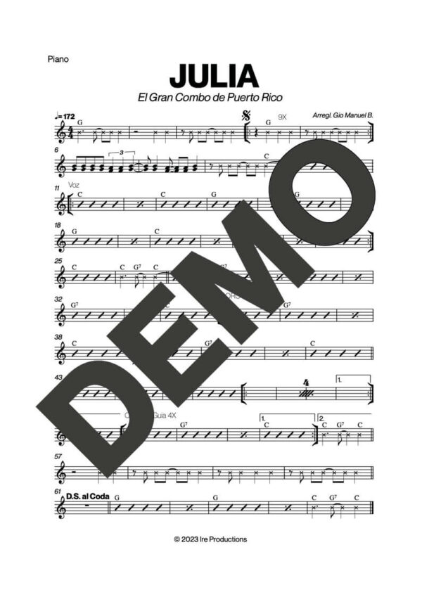 El Gran Combo de Puerto Rico – Julia – Sheet Music Demo Page 2 (PDF) – Includes charts for Trumpets, Trombones, Saxophone, Piano and Bass