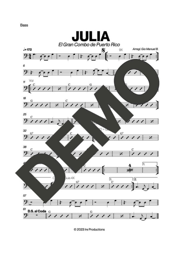 El Gran Combo de Puerto Rico – Julia – Sheet Music Demo Page 3 (PDF) – Includes charts for Trumpets, Trombones, Saxophone, Piano and Bass