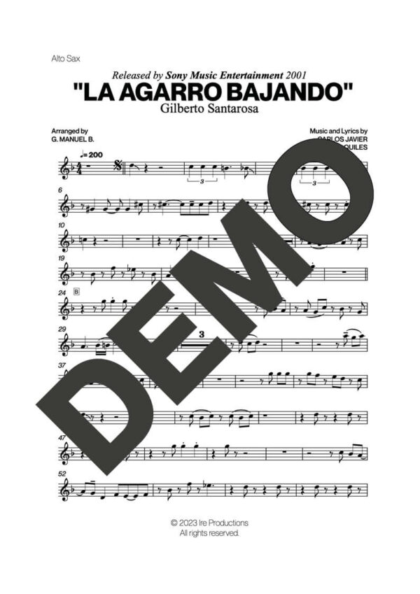 Gilberto Santa Rosa – La Agarro Bajando – First Page of Sheet Music Preview (PDF) – Includes charts for Trumpets, Trombones, Saxophone, Piano and Bass