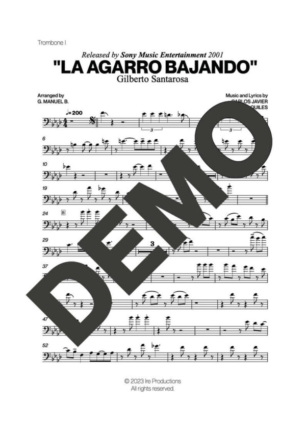 Gilberto Santa Rosa – La Agarro Bajando – Sheet Music Demo Page 2 (PDF) – Includes charts for Trumpets, Trombones, Saxophone, Piano and Bass