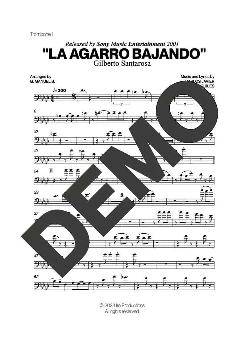 Gilberto Santa Rosa – La Agarro Bajando – Sheet Music Demo Page 2 (PDF) – Includes charts for Trumpets, Trombones, Saxophone, Piano and Bass