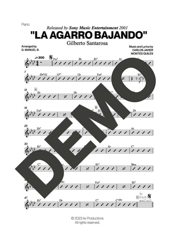 Gilberto Santa Rosa – La Agarro Bajando – Sheet Music Demo Page 3 (PDF) – Includes charts for Trumpets, Trombones, Saxophone, Piano and Bass