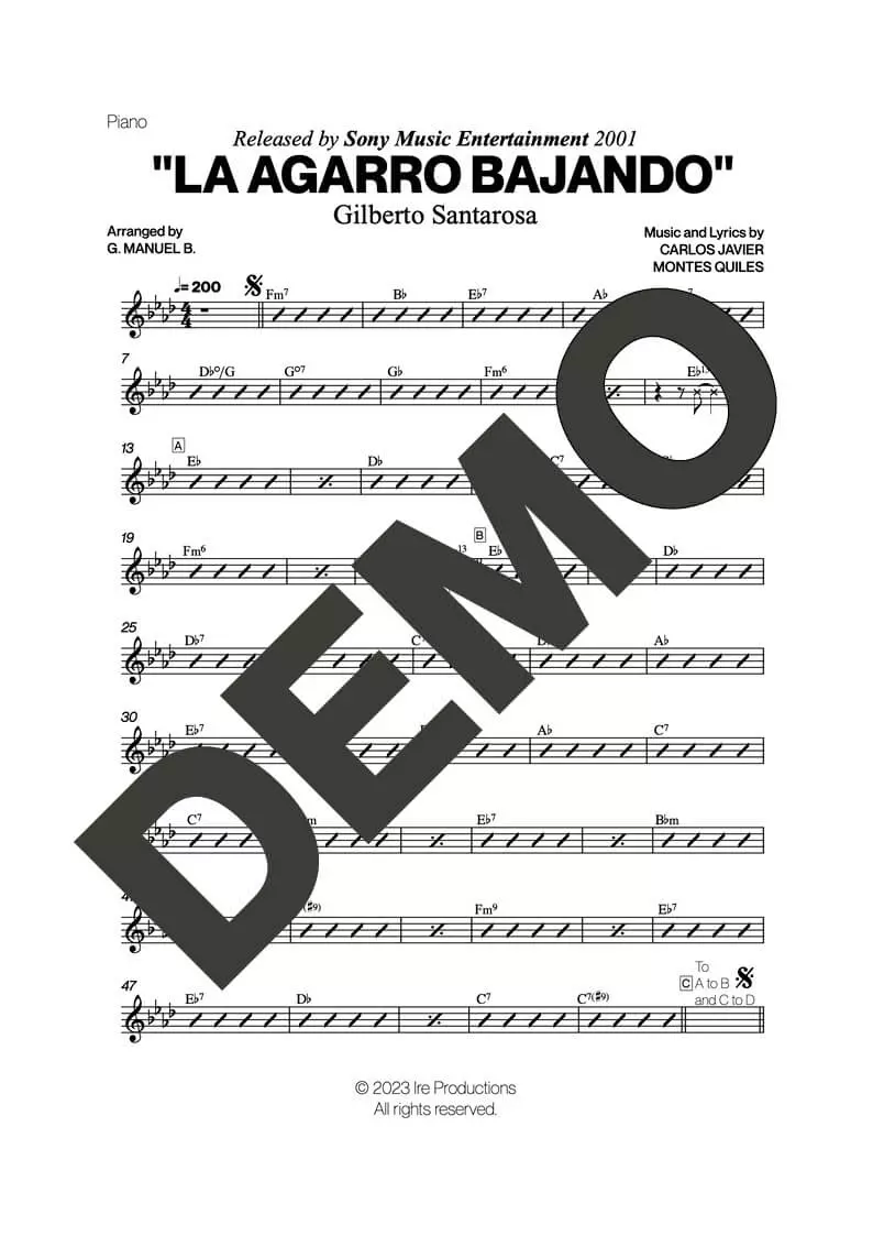 Gilberto Santa Rosa – La Agarro Bajando – Sheet Music Demo Page 3 (PDF) – Includes charts for Trumpets, Trombones, Saxophone, Piano and Bass