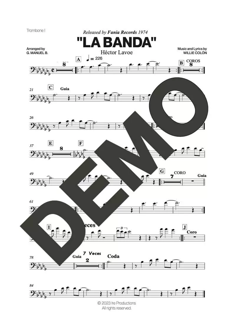 Hector Lavoe|Willie Colón – La Banda – Sheet Music Demo Page 2 (PDF) – Includes charts for Trumpets, Trombones, Saxophone, Piano and Bass