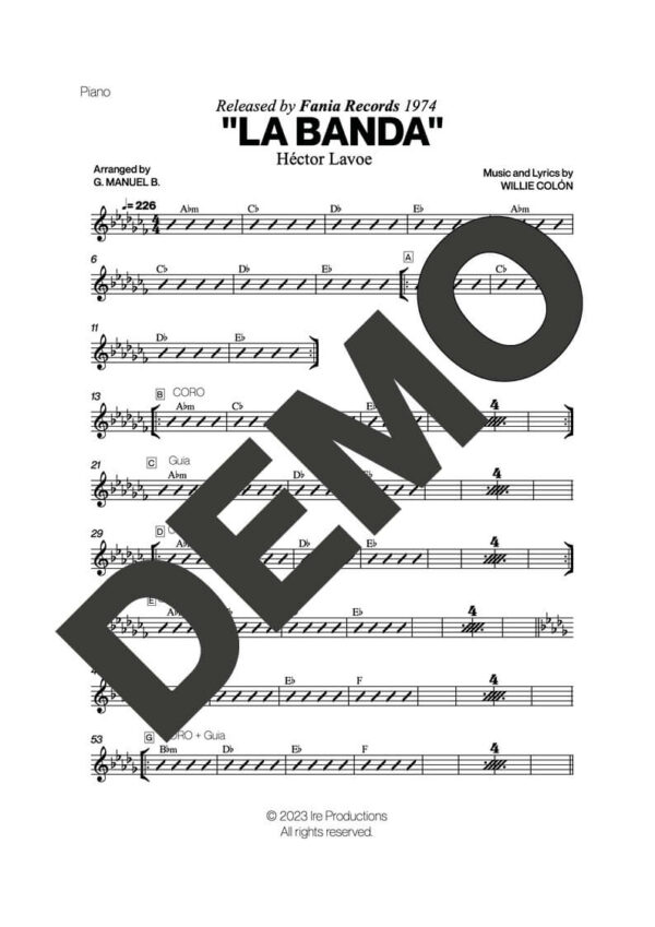Hector Lavoe|Willie Colón – La Banda – Sheet Music Demo Page 3 (PDF) – Includes charts for Trumpets, Trombones, Saxophone, Piano and Bass
