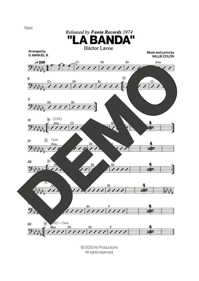 Hector Lavoe|Willie Colón – La Banda – Sheet Music Demo Page 4 (PDF) – Includes charts for Trumpets, Trombones, Saxophone, Piano and Bass