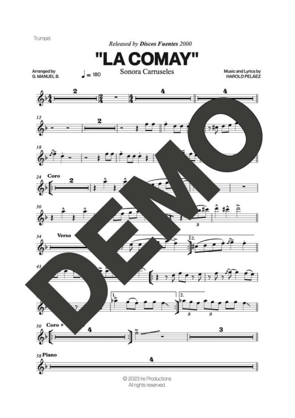 Sonora Carruseles – La Comay – First Page of Sheet Music Preview (PDF) – Includes charts for Trumpets, Trombones, Saxophone, Piano and Bass