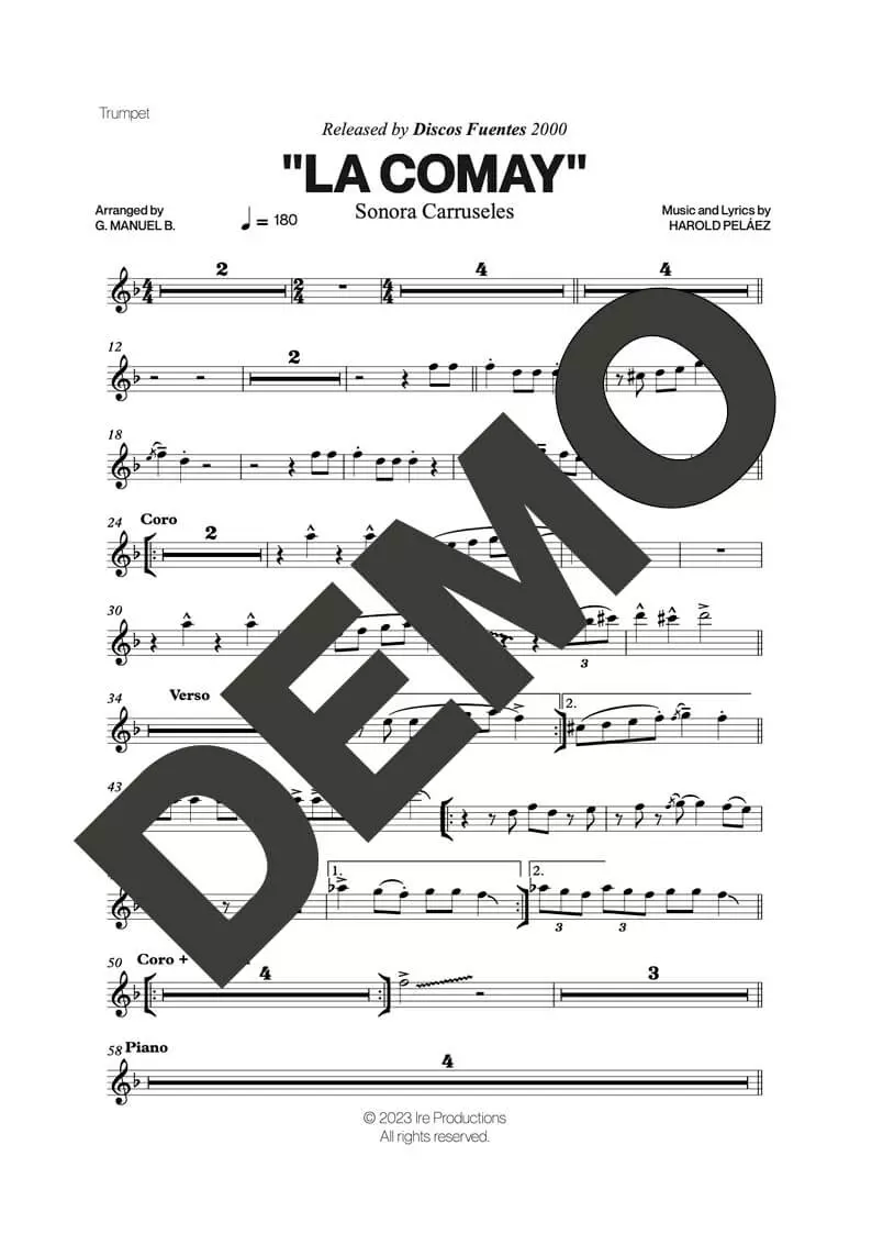 Sonora Carruseles – La Comay – First Page of Sheet Music Preview (PDF) – Includes charts for Trumpets, Trombones, Saxophone, Piano and Bass