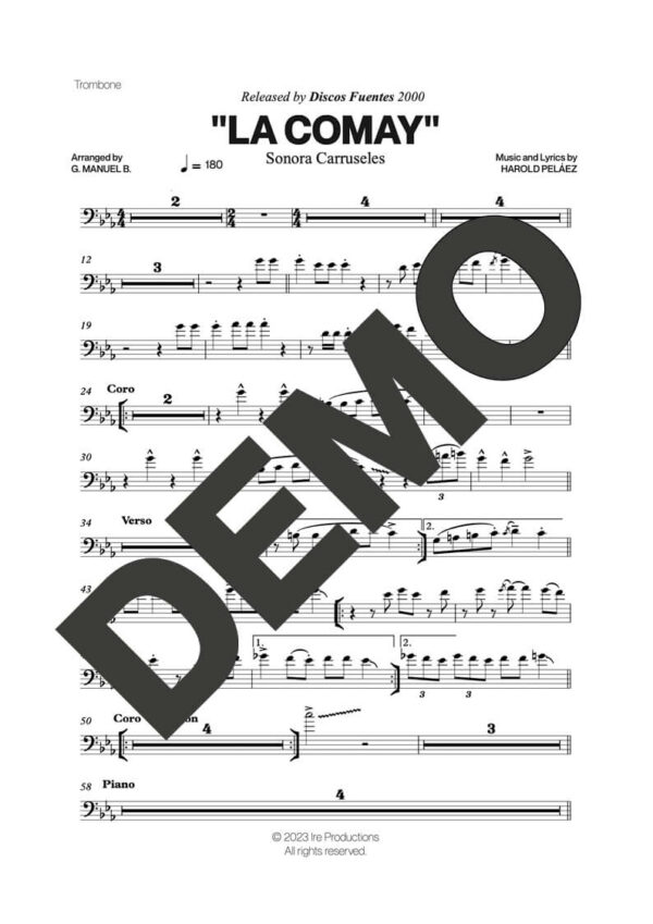 Sonora Carruseles – La Comay – Sheet Music Demo Page 1 (PDF) – Includes charts for Trumpets, Trombones, Saxophone, Piano and Bass
