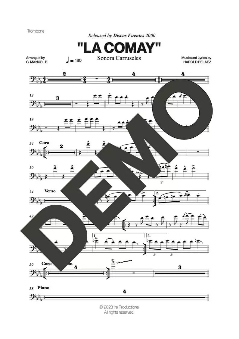 Sonora Carruseles – La Comay – Sheet Music Demo Page 1 (PDF) – Includes charts for Trumpets, Trombones, Saxophone, Piano and Bass
